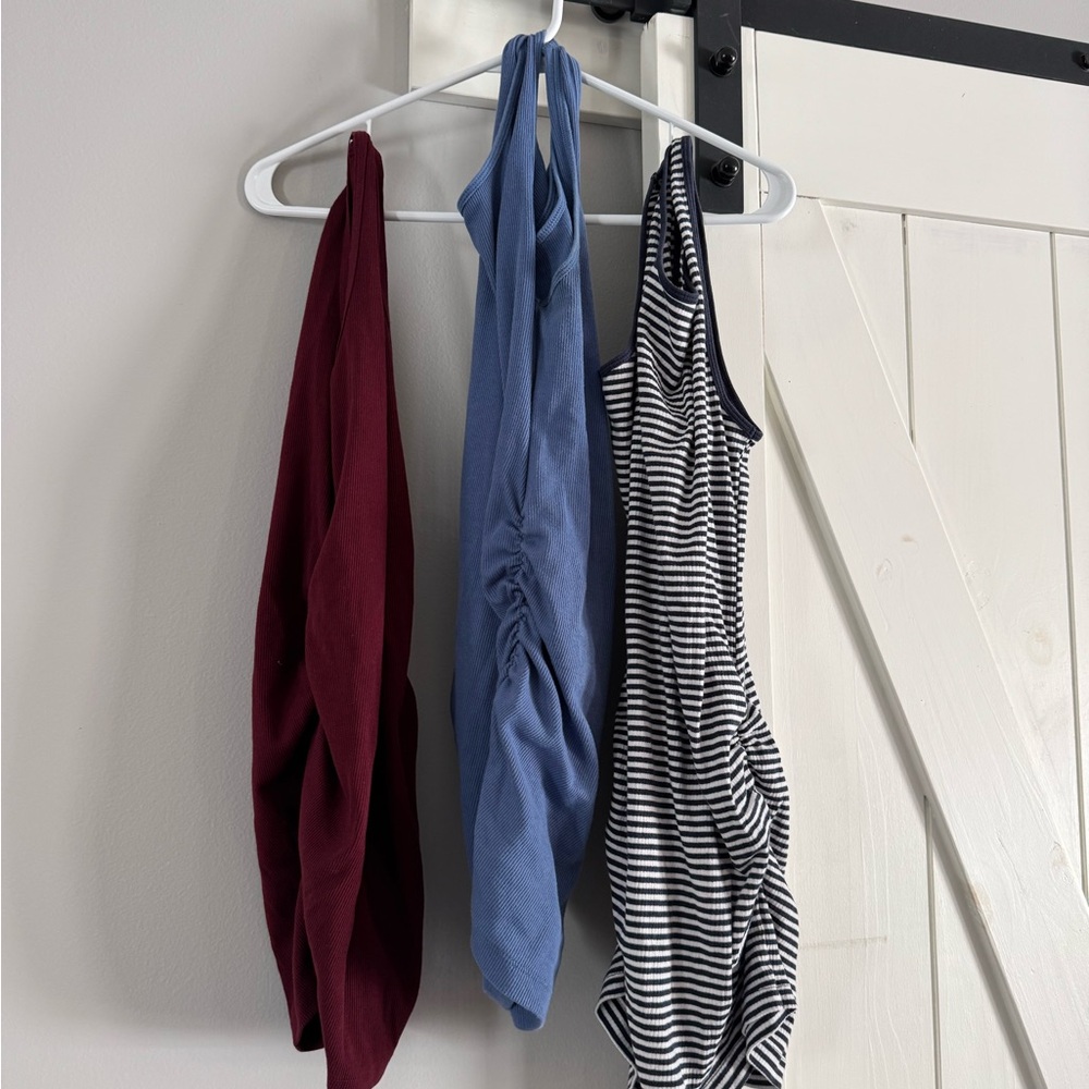 Three Old Navy Maternity tanks in Burgundy, Blue, and Black & White Stripes